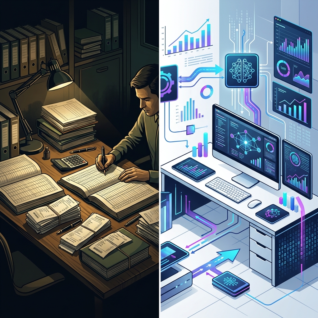 A visual comparison of traditional manual auditing versus AI-powered autonomous auditing.