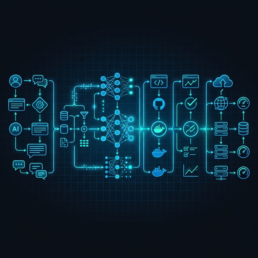 A modern system diagram showing the flow of data across vector databases, orchestration layers, and language models.