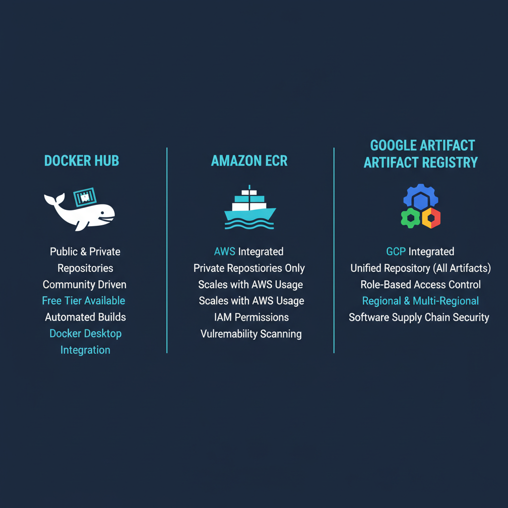 Comparison of Docker Hub, Amazon ECR, and Google Artifact Registry
