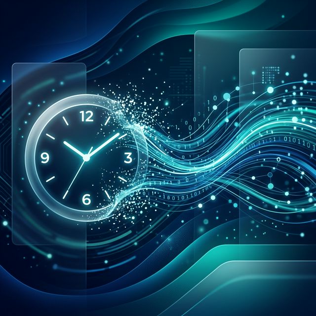 Abstract glowing clock dissolving into data streams