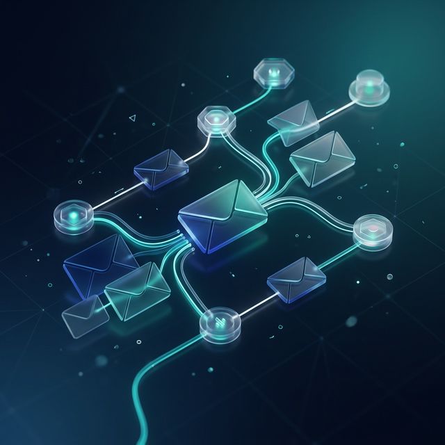 Abstract 3D interconnected email envelopes and automation workflows