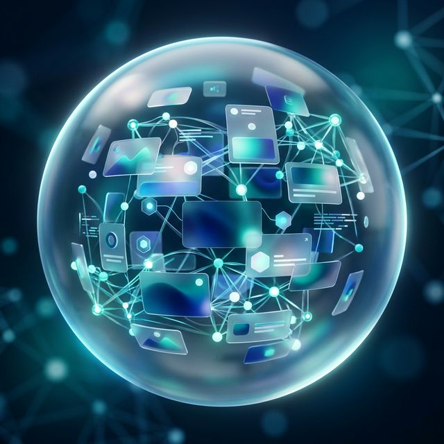 Abstract floating social media content cards inside a glassmorphism sphere