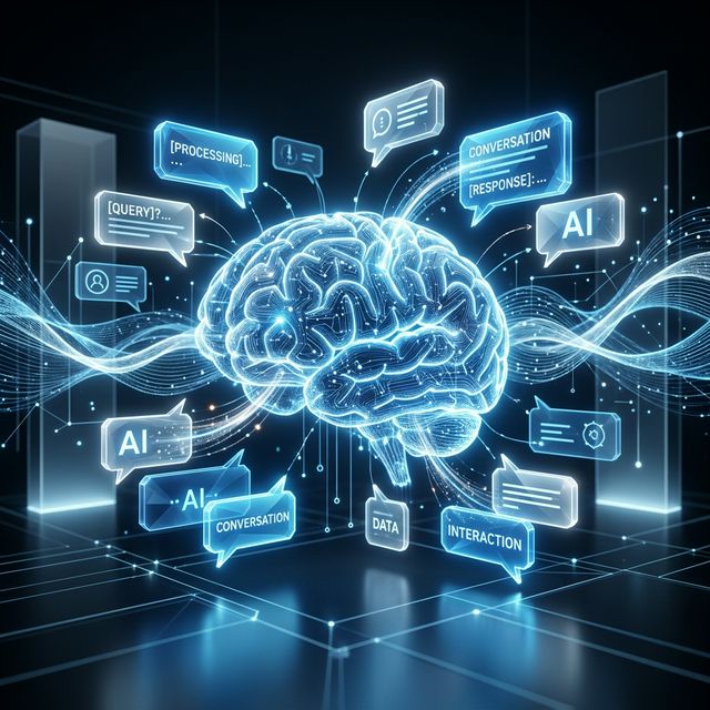 Futuristic blue data wave and chatbot neural network visualization