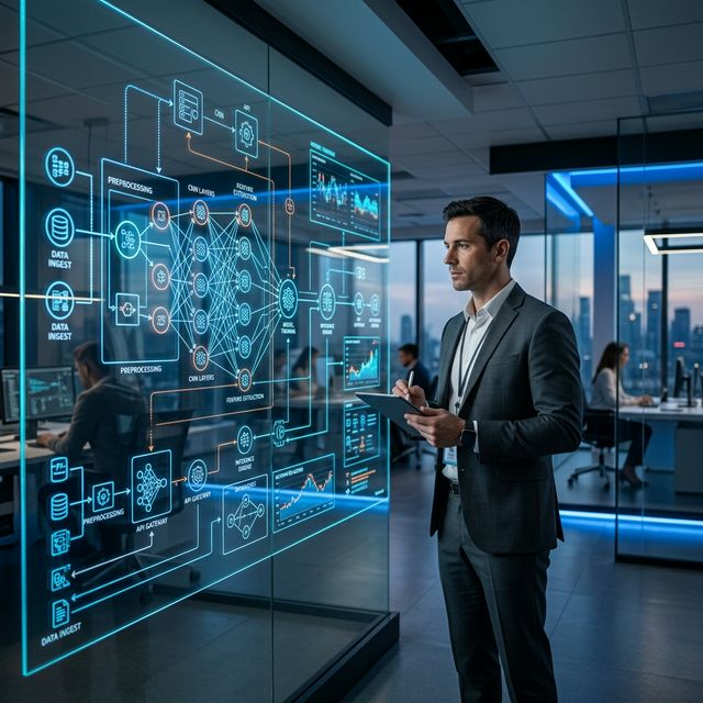 Professional working on a futuristic glowing automation blueprint wall