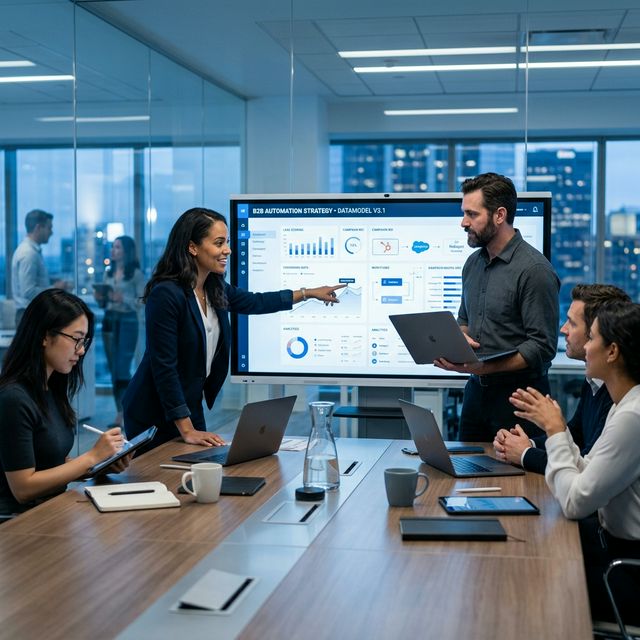 B2B marketing team working collaboratively on automation strategy dashboard