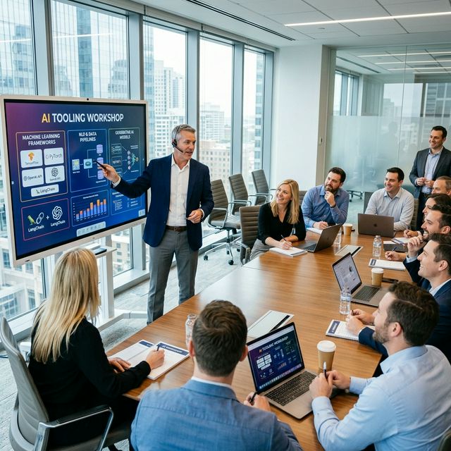 Charismatic tech expert leading an engaging corporate AI workshop